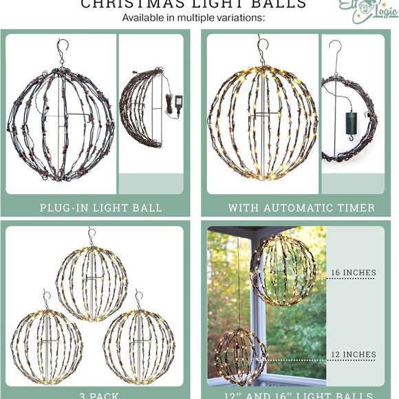 12” Outdoor/Indoor LED Christmas Light Ball with Automatic Timer. Durable, Water - Picture 6 of 9